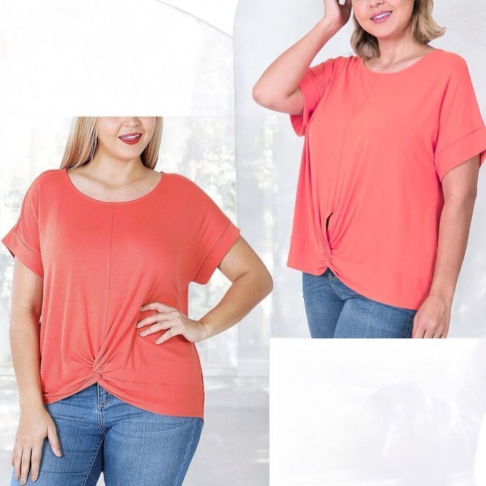 Zenana Coral Pink Plus Rayon Span Crepe Front Knot Top Size 2X NEW